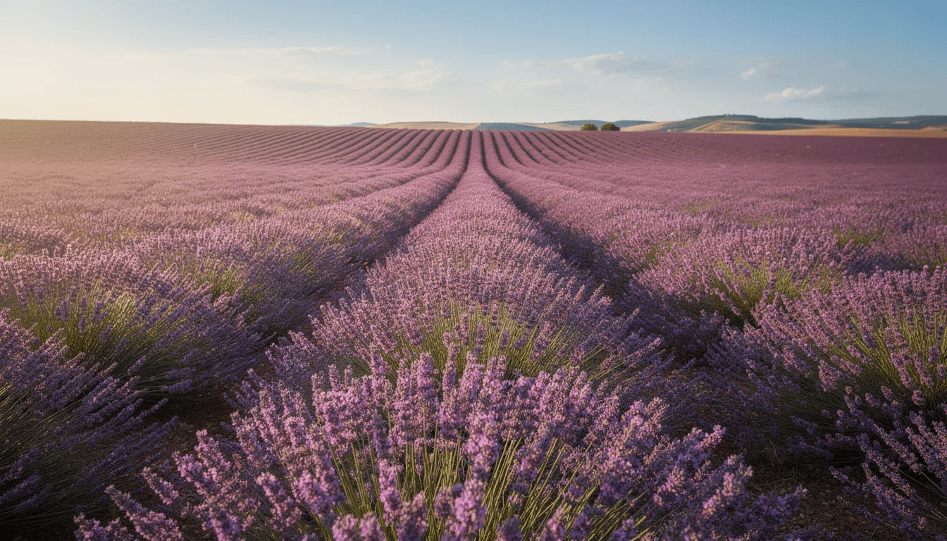 Na zdjęciu widać kwitnące pole lawendy w pełnym słońcu, pokryte fioletowymi kwiatostanami, które emanowały przyjemnym zapachem. To piękna roślina, idealna do uprawy w ogrodzie oraz na bukiety.
