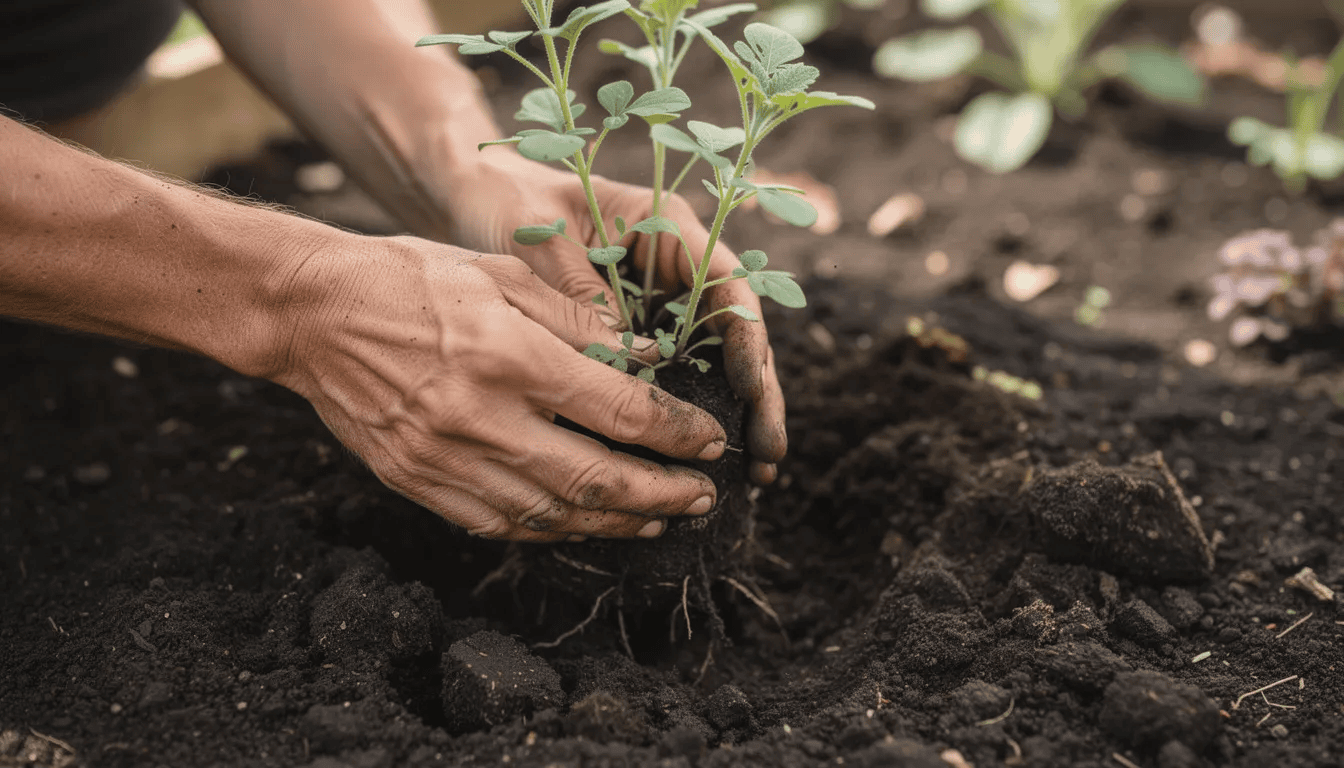 Na zdjęciu widoczne są dłonie ogrodnika sadzące bylinę w żyznej, ciemnej glebie ogrodowej. Roślina, prawdopodobnie kuklik, ma atrakcyjne, czerwone kwiaty i jest umieszczona w miejscu słonecznym, co sprzyja jej obfitemu kwitnieniu.