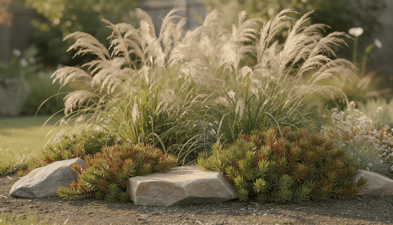 Na zdjęciu znajduje się kompozycja ogrodowa z różnorodnymi rozchodnikami, takimi jak rozchodnik karpacki i rozchodnik okazały, otoczona dekoracyjnymi trawami ozdobnymi oraz naturalnymi kamieniami. Całość tworzy harmonijną aranżację, idealną do przydomowych ogrodów i ogrodów skalnych.