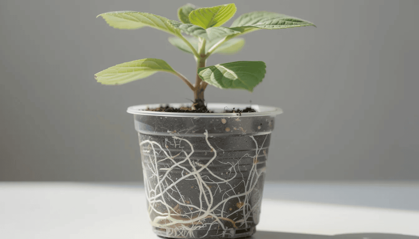 Na obrazie widać sadzonkę hortensji w pojemniku, z dobrze rozwiniętym systemem korzeniowym. Roślina ma zdrowe liście, co sugeruje jej odpowiednią pielęgnację i korzystne warunki wzrostu.