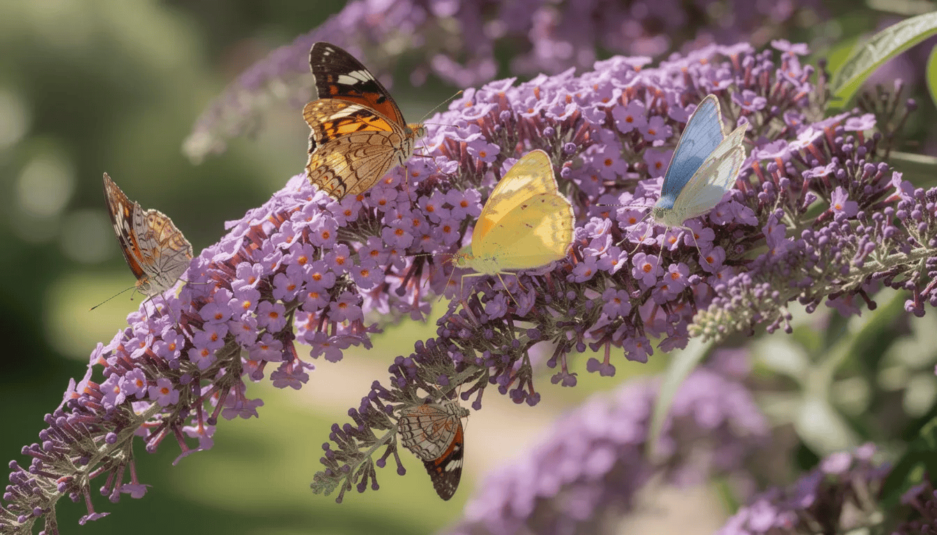 Na obrazie widać kwitnący krzew budlei, znany również jako budleja dawida, z intensywnie fioletowymi kwiatostanami, na których siedzą kolorowe motyle. Krzew ten przyciąga owady zapylające swoimi pachnącymi kwiatami, tworząc piękny widok w ogrodzie.