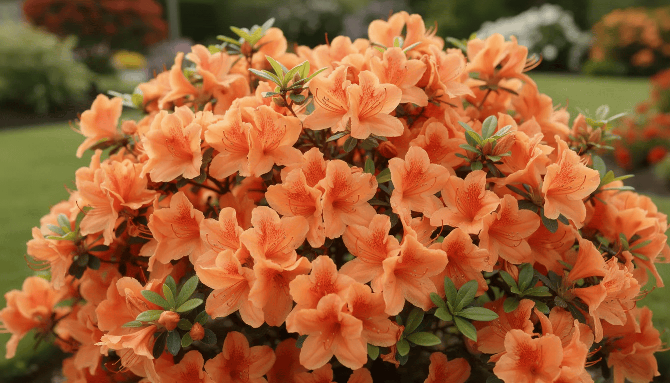 Na zdjęciu widoczny jest kwitnący krzew azalii wielkokwiatowej z intensywnie pomarańczowymi kwiatami, który obficie kwitnie w ogrodzie. Kwiaty mają charakterystyczne, lekko pofalowane płatki, a krzew prezentuje się w pełni swojego uroku w słonecznym otoczeniu.