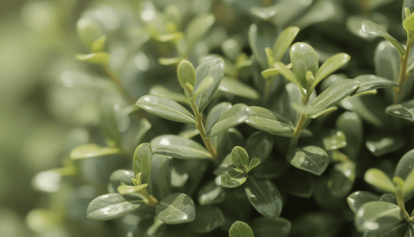 Na zdjęciu widać bliskie ujęcie zdrowych, zielonych liści bukszpanu, które mają błyszczącą powierzchnię. Liście te pochodzą od wiecznie zielonego krzewu, który jest popularny w ogrodach jako roślina do formowania niskich żywopłotów.