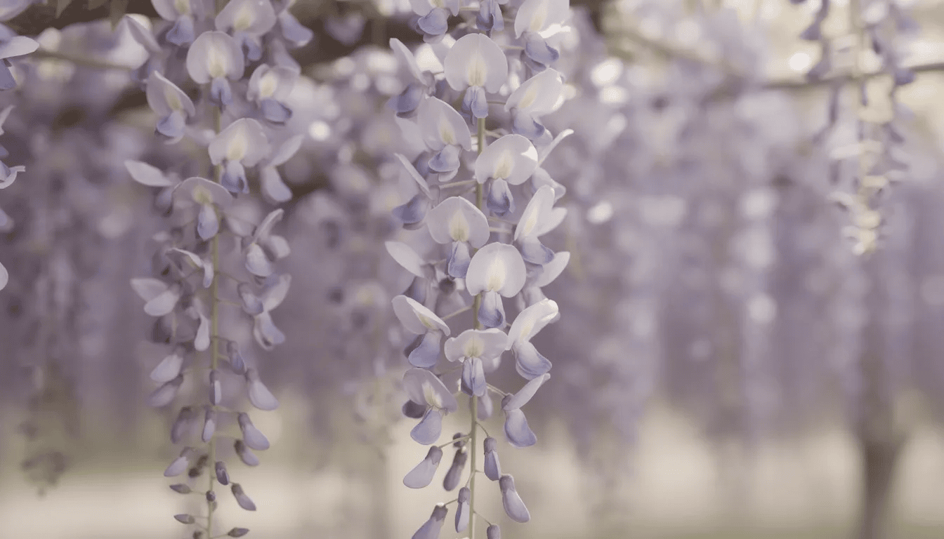 Zbliżenie na długie grona kwiatów glicynii w odcieniach fioletu i błękitu, które wyrastają na końcach krótkich bocznych pędów. Kwiaty te charakteryzują się obfitym kwitnieniem i lekko pachnącym zapachem, tworząc piękne, wiszące kwiatostany.