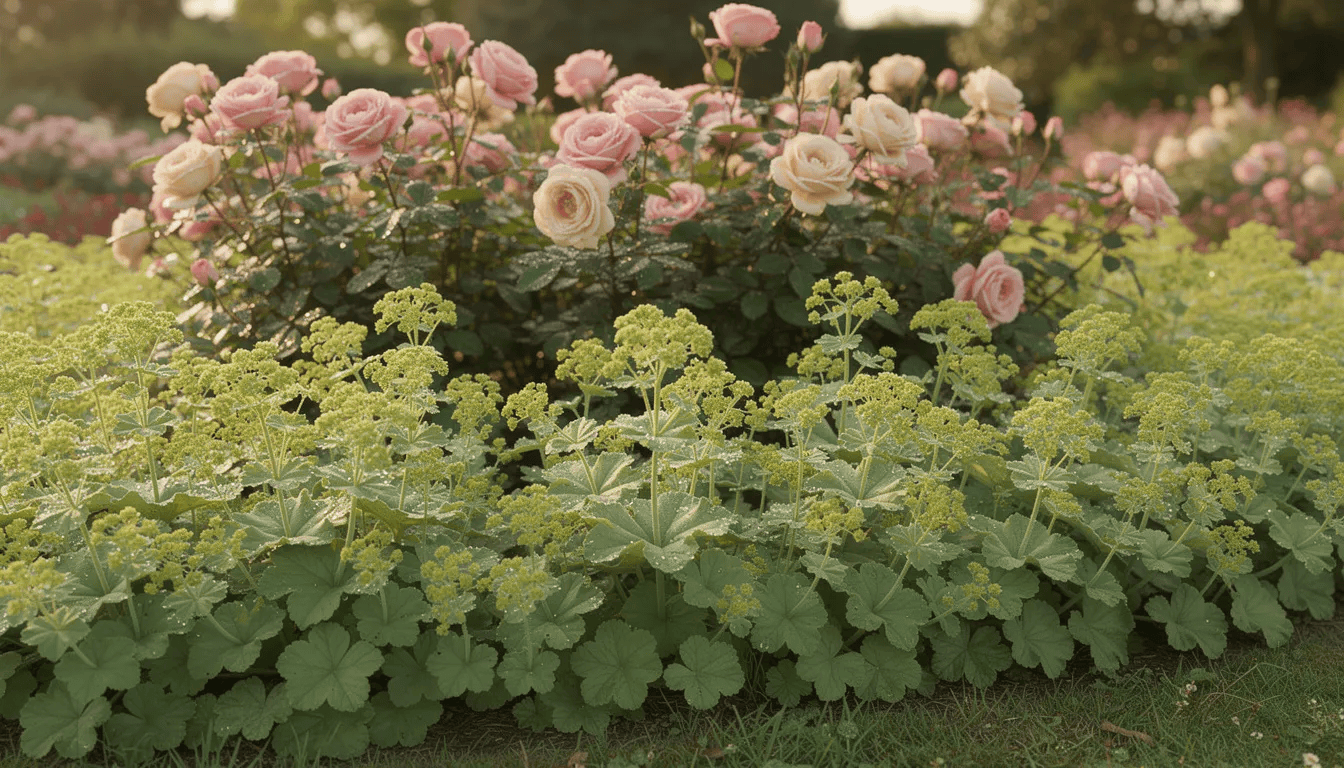 Na obrazie widać przywrotnik miękki, który tworzy obwódkę wokół rabaty różanej, w tle znajdują się kolorowe róże. Roślina ma ozdobne, jasnozielone liście, a wczesnym latem kwitnie drobnymi, żółtozielonymi kwiatami, tworząc harmonijną kompozycję w ogrodzie.
