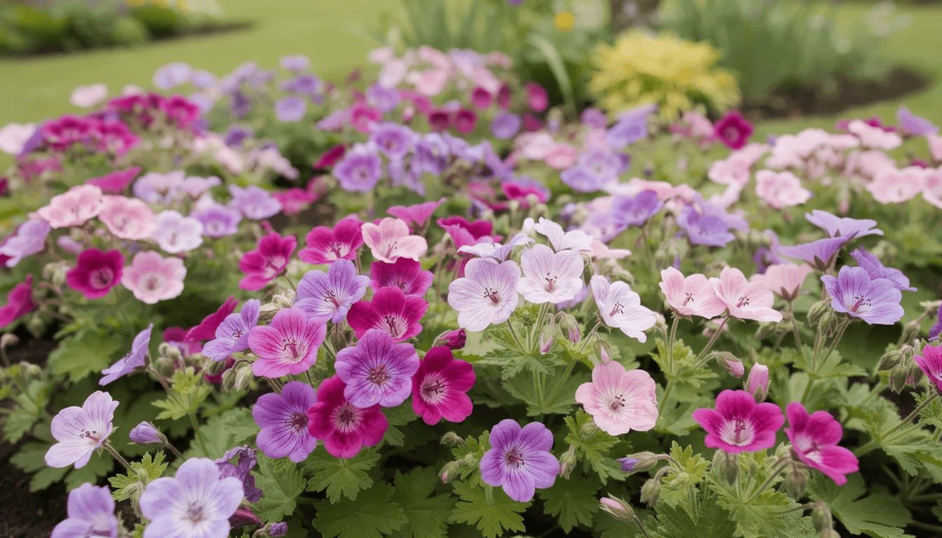 Na kolorowej rabacie rosną kwitnące bodziszek wspaniały oraz inne odmiany bodziszków w różnych odcieniach fioletu i różu, otoczone gęstymi kępami ciemnozielonych liści. Kwiaty te tworzą piękny widok, idealny do ogrodów skalnych i rabat kwiatowych.