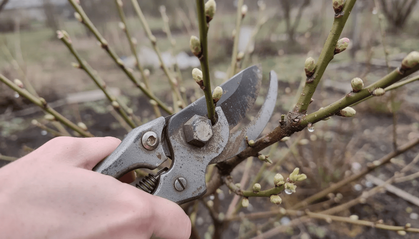 Na zdjęciu widoczny jest ogrodnik przycinający pędy krzewu budlei dawida wczesną wiosną, przygotowując roślinę do obfitego kwitnienia. W tle można dostrzec inne rośliny ozdobne, a całość otoczona jest świeżą, zieloną trawą.