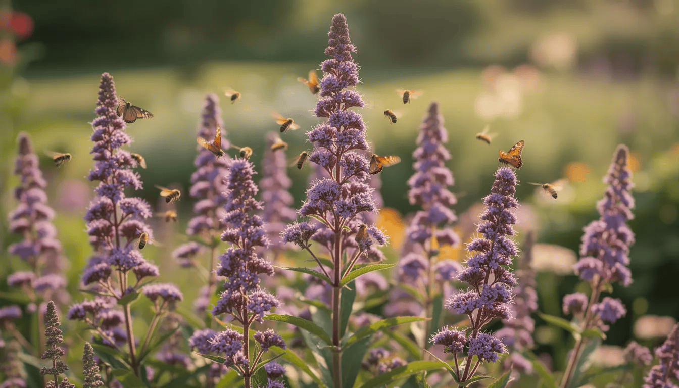 W ogrodzie rosną wysokie purpurowe kwiaty sadźca, otoczone latającymi motylami i pszczołami, które przyciągają ich nektar. Roślina ta, znana jako sadziec purpurowy, jest doskonałym wyborem dla wspierania bioróżnorodności i wzbogacania ogrodów przydomowych.