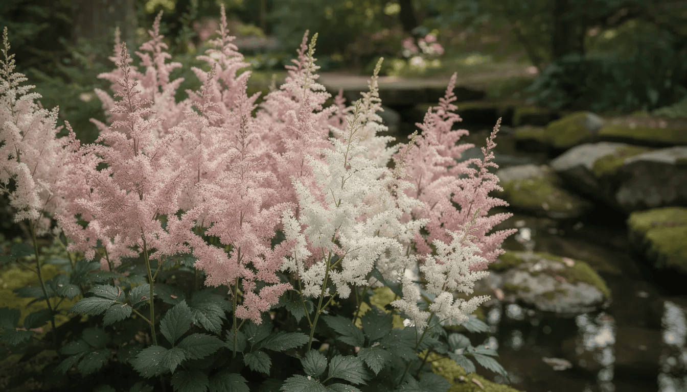 W cienistym ogrodzie przy oczku wodnym rosną kwitnące tawułki w różnych odcieniach różu i bieli, z puszystymi kwiatostanami i pierzastymi liśćmi. Te dekoracyjne rośliny, takie jak tawułka arendsa, tworzą efektowne kępy, które wspaniale komponują się w cieniutkich zakątkach ogrodu.