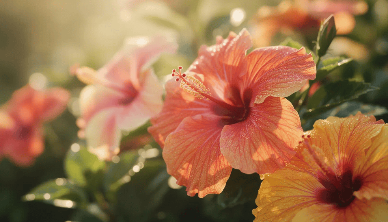 W letnim ogrodzie w pełnym rozkwicie znajdują się kolorowe kwiaty hibiskusa ogrodowego, które zachwycają swoją urodą i różnorodnością barw. Te bujne rośliny kwitną obficie, tworząc malowniczy widok wśród zieleni ogrodu.