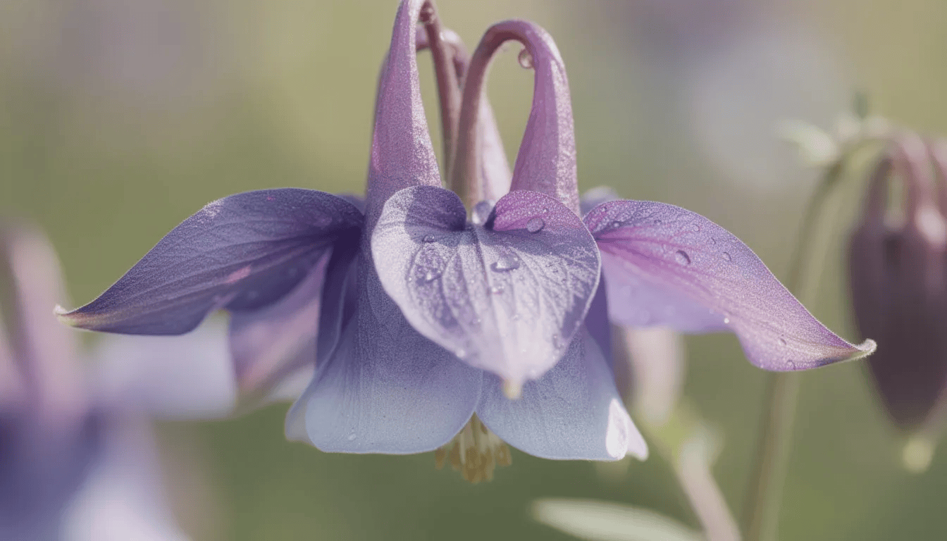 Zbliżenie na kwiat orlika, który charakteryzuje się długimi ostrogami i zwisającymi kwiatami w odcieniach bieli, typowe dla gatunku aquilegia vulgaris. Kwiaty te są dekoracyjną byliną, która kwitnie wczesną wiosną, tworząc efektowne kwiatostany w ogrodzie.