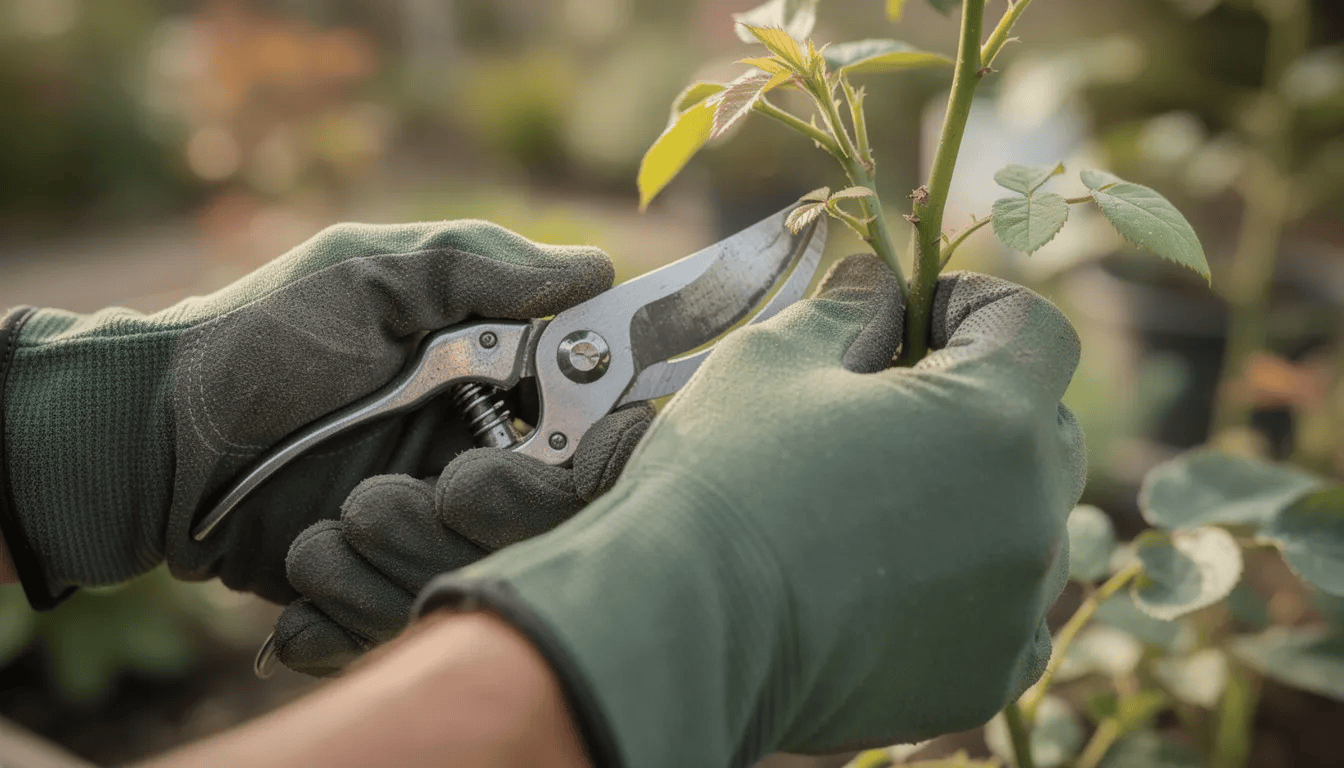 Na zdjęciu widoczne są dłonie w rękawicach ogrodniczych, które przycinają młode pędy pnącza milinu amerykańskiego za pomocą sekatora. W tle można dostrzec intensywnie pomarańczowe kwiaty oraz liście tej efektownej rośliny, która kwitnie obficie od lipca do września.