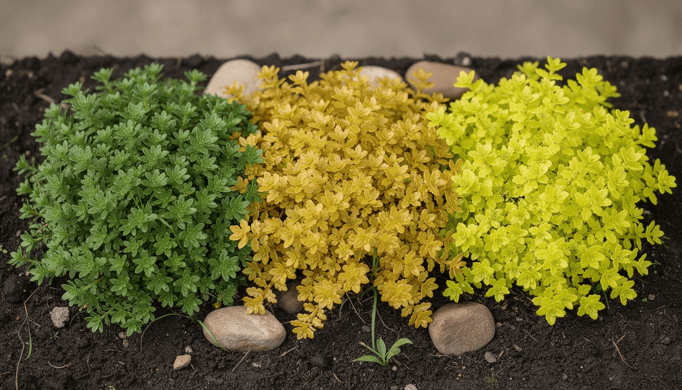 Na zdjęciu widać trzy odmiany karmnika ościstego rosnące obok siebie: zieloną, złotą i limonkową, które tworzą kolorowy dywan roślinny. Rośliny te, dobrze rosnące w słonecznych stanowiskach, prezentują się efektownie, tworząc zwartą kompozycję w ogrodzie.