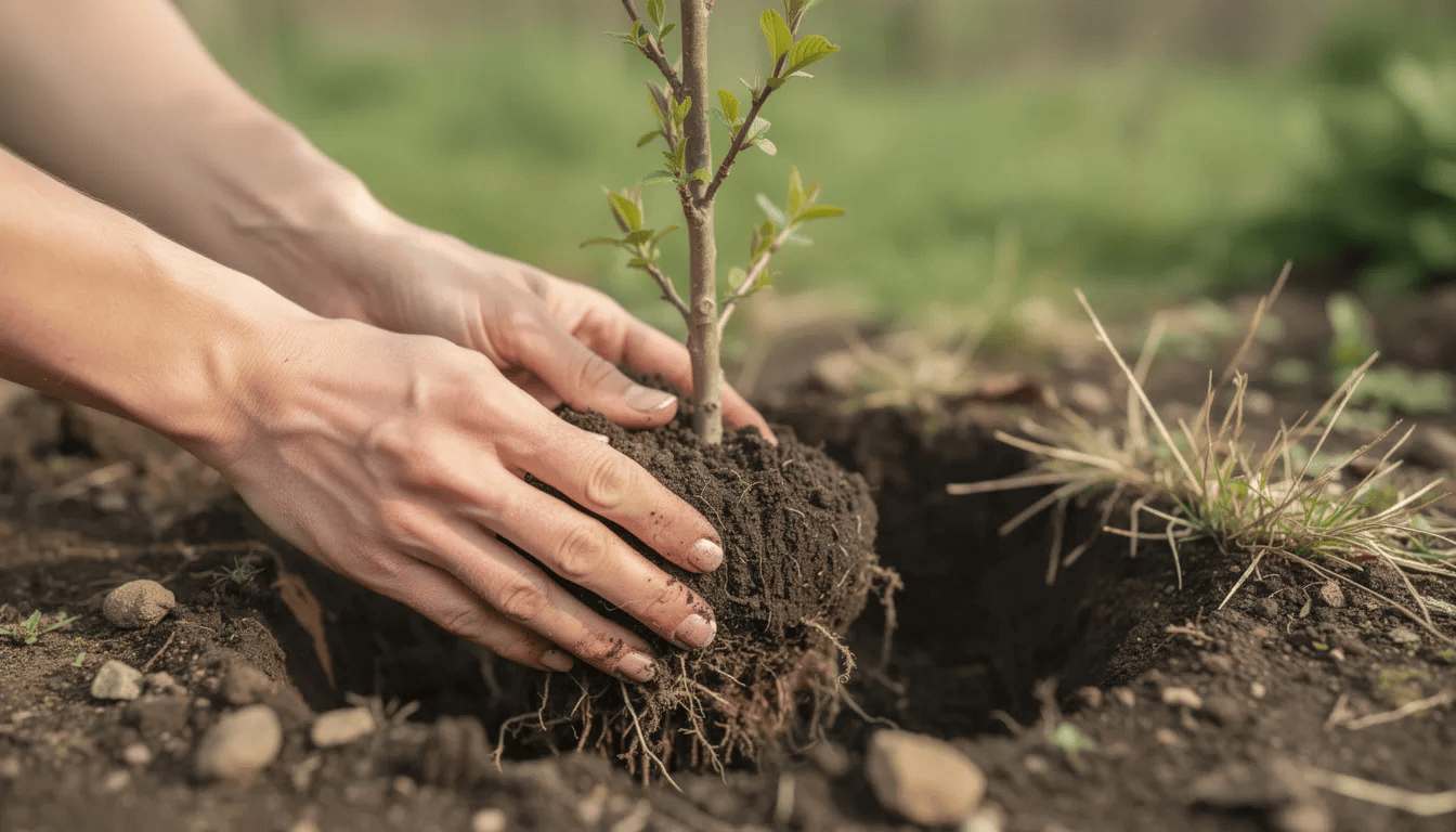 Na zdjęciu widoczne są ręce sadzące młode drzewko magnolii w przygotowanym dołku z ciemną, żyzną ziemią. Roślina ma delikatne korzenie, które są starannie umieszczane w glebie, co jest istotnym krokiem w pielęgnacji magnolii, aby zapewnić jej zdrowy rozwój.