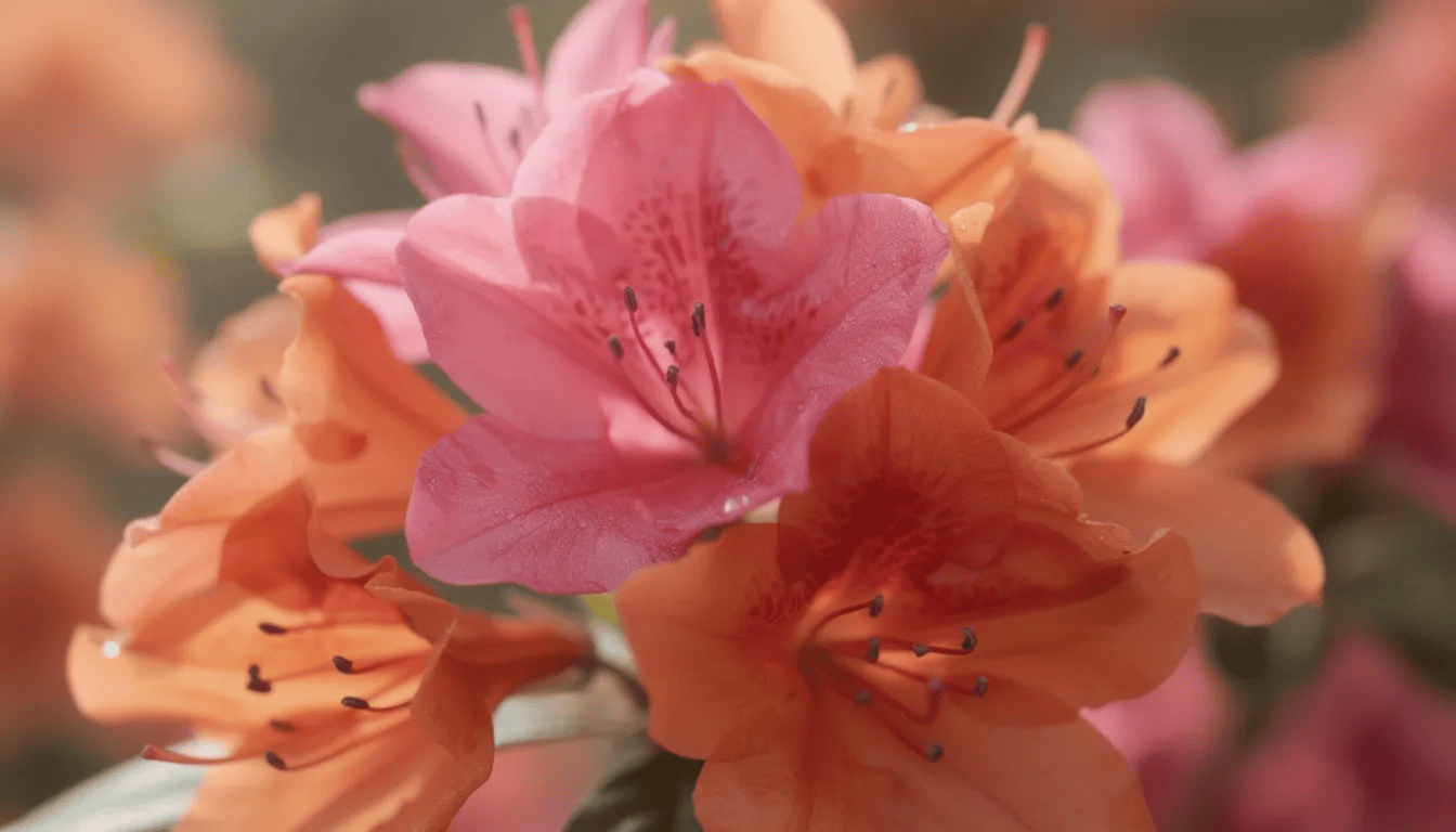 Zbliżenie na barwne kwiaty azalii japońskiej w intensywnych odcieniach różu, czerwieni i pomarańczy, otoczone ciemnozielonymi liśćmi. Kwiaty te, będące ozdobnym krzewem, obficie kwitną w wczesną wiosną, przyciągając wzrok swoją urodą.