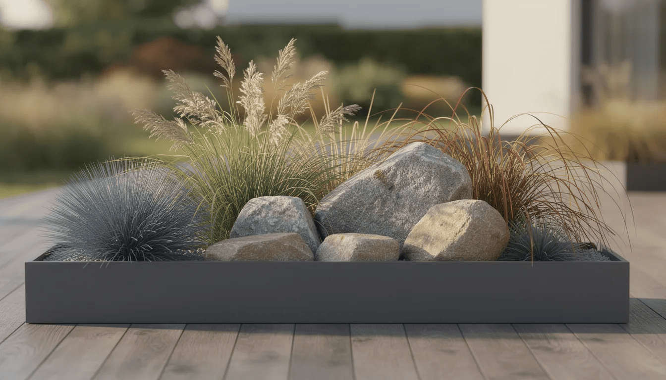 Na tarasie znajduje się płaska donica z kompozycją roślin ozdobnych, w tym różnorodnymi gatunkami skalnic, takimi jak skalnica arendsa i skalnica okrągłolistna, które tworzą gęste kępy z drobnymi, kolorowymi kwiatami. W tle widoczne są trawy ozdobne, które uzupełniają aranżację, dodając lekkości i naturalnego charakteru.