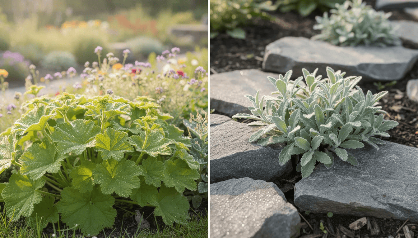Na obrazku widać porównanie dwóch rodzajów przywrotnika w ogrodzie: miękki przywrotnik pospolity z gęstymi, jasnozielonymi liśćmi na rabacie bylinowej oraz zrosłolistny przywrotnik ostroklapowy rosnący pomiędzy kamieniami w ogrodzie skalnym. Obie rośliny są doskonałym wyborem do naturalistycznych ogrodów, charakteryzując się niewielkimi wymaganiami uprawowymi.