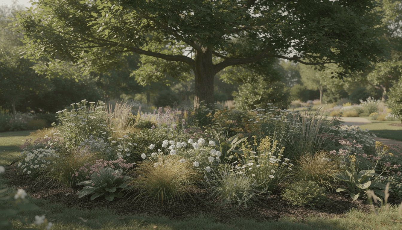Na obrazie widoczna jest naturalistyczna rabata z bylinami i trawami, rosnąca w cieniu rozłożystej korony dużego drzewa liściastego, prawdopodobnie dębu. W tle można dostrzec liście dębu oraz różnorodne rośliny, które tworzą harmonijną kompozycję w ogrodzie.