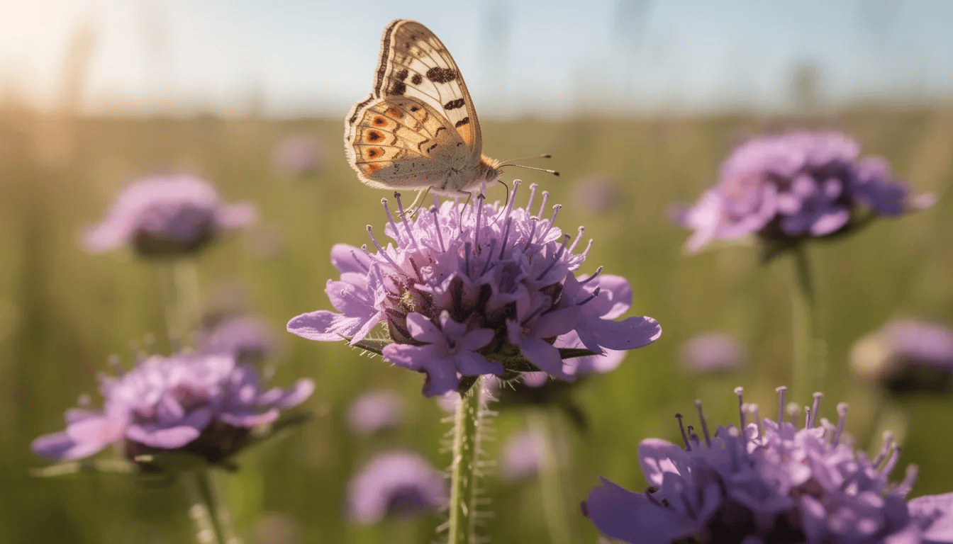 Na zbliżeniu widać fioletowe kwiaty driakwi z motylem siedzącym na ich kwiatostanie, w słoneczny dzień. Kwiaty te charakteryzują się główkowatymi kwiatostanami i są efektownym elementem każdego ogrodu.