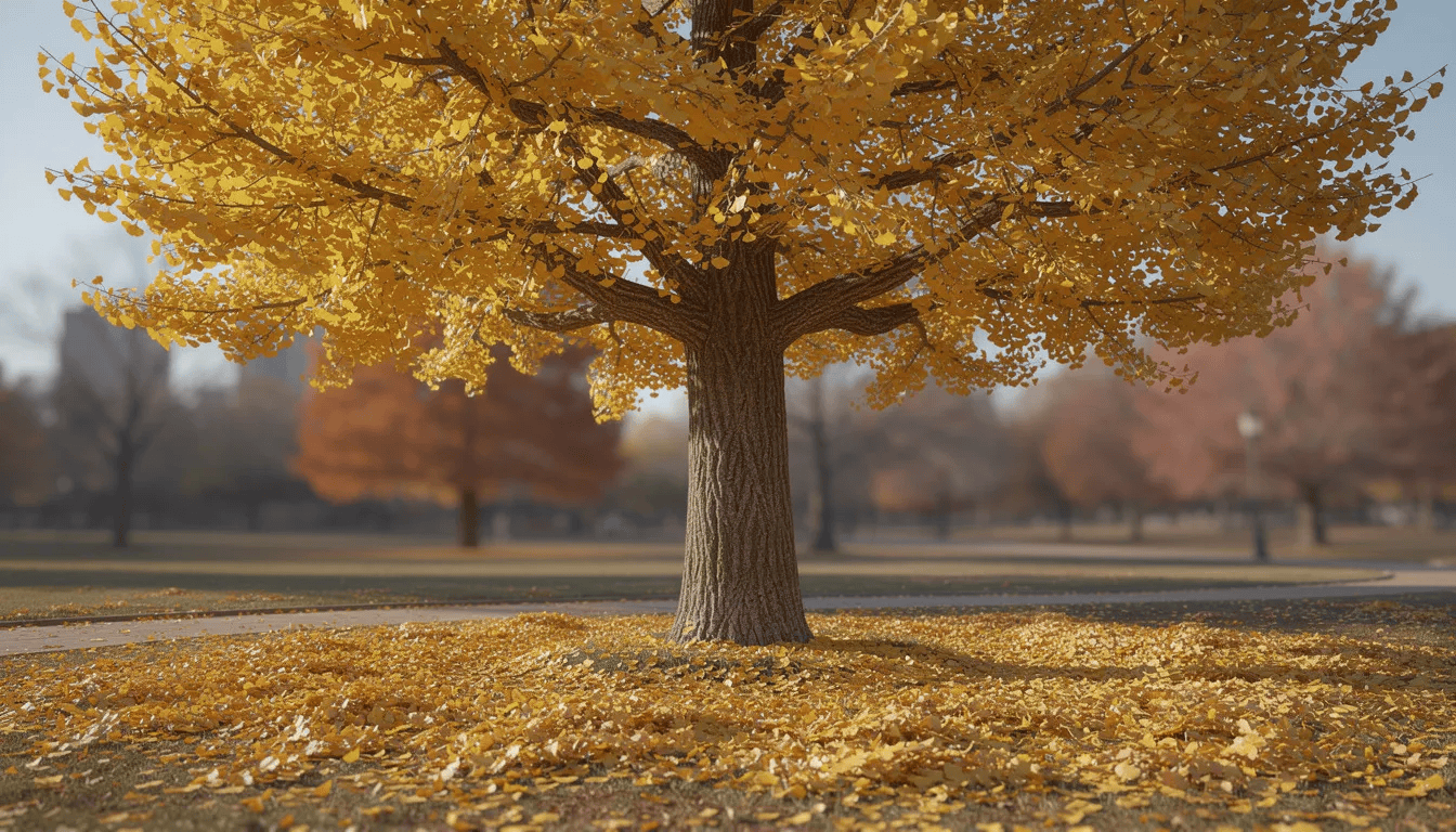 Na zdjęciu widać okazałe drzewo miłorzębu dwuklapowego (ginkgo biloba) z intensywnie złotymi liśćmi, które pięknie przebarwiają się jesienią w parku. Drzewo to, znane z dekoracyjnego pokroju i wachlarzowatych liści, tworzy malowniczy widok w otoczeniu innych roślin.