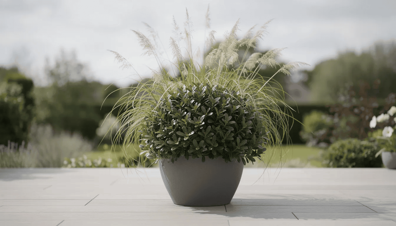 Na tarasie znajduje się donica z laurowiśnią, charakteryzującą się błyszczącymi, ciemnozielonymi liśćmi, które zachwycają intensywnym odcieniem. Obok rośnie kilka ozdobnych traw, tworząc harmonijną kompozycję roślinną.