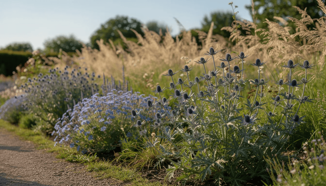 Na obrazie widoczna jest rabata ogrodowa, w której kwitną mikołajki płaskolistne otoczone ozdobnymi trawami, wszystko w pełnym słońcu. Rośliny te, w fazie pełnego kwitnienia, przyciągają pszczoły i motyle, tworząc kolorowy i żywy widok w ogrodzie.