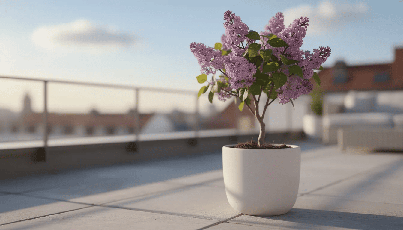 Na słonecznym balkonie znajduje się miniaturowy lilak pospolity w eleganckiej donicy, otoczony dekoracyjnymi liśćmi. Roślina ta charakteryzuje się obfitym kwitnieniem stożkowatych kwiatostanów, które przyciągają wzrok i dodają uroku przestrzeni.