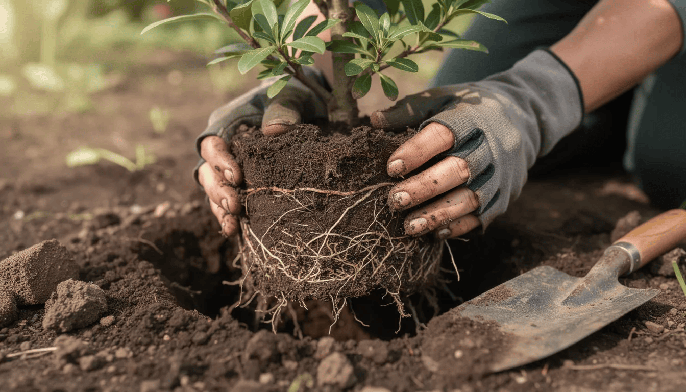 Na zdjęciu widoczne są dłonie ogrodnika sadzącego młody krzew hortensji pnącej w wilgotnej glebie, z wyraźnie widoczną bryłą korzeniową. Krzew ten, charakteryzujący się ciemnozielonymi liśćmi i baldachowatymi kwiatostanami, najlepiej rośnie w stanowisku półcienistym, co czyni go idealnym do ogrodów z dużym zacienieniem.