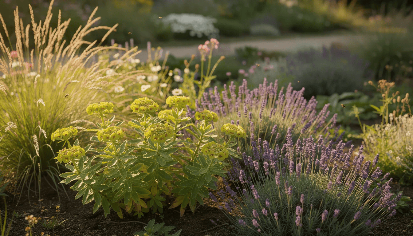 Na słonecznej rabacie w naturalnym ogrodzie rosną różnorodne rośliny, w tym wilczomlecz trójżebrowy, lawenda i ozdobne trawy. W tle widoczne są mięsiste liście oraz kwiaty, które tworzą harmonijną kompozycję, idealną dla początkujących ogrodników.
