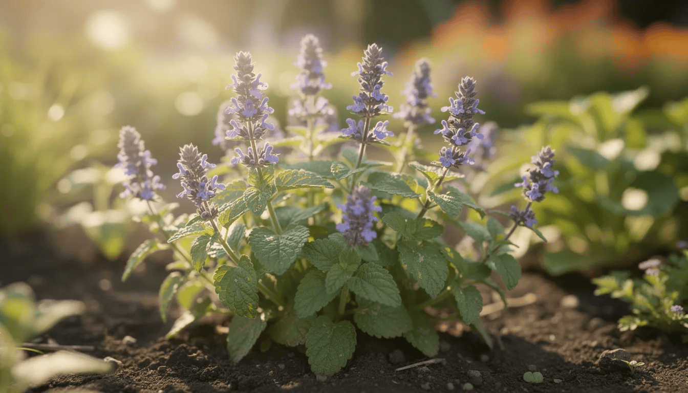 Na obrazku widać kępki kwitnącej kocimiętki w słonecznym ogrodzie, z fioletowo-niebieskimi kwiatami, które przyciągają pszczoły i wabią koty. Roślina ta, będąca wieloletnią byliną, doskonale nadaje się do uprawy w pełnym słońcu i ma niewielkie wymagania glebowe.