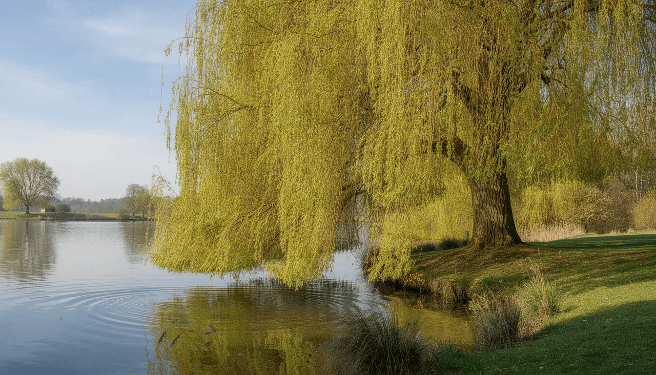 Na obrazie widoczna jest rozłożysta wierzba płacząca, której długie pędy zwisają nad stawem w słoneczny dzień. Liście wierzby delikatnie kołyszą się na wietrze, tworząc malowniczy widok w otoczeniu natury.