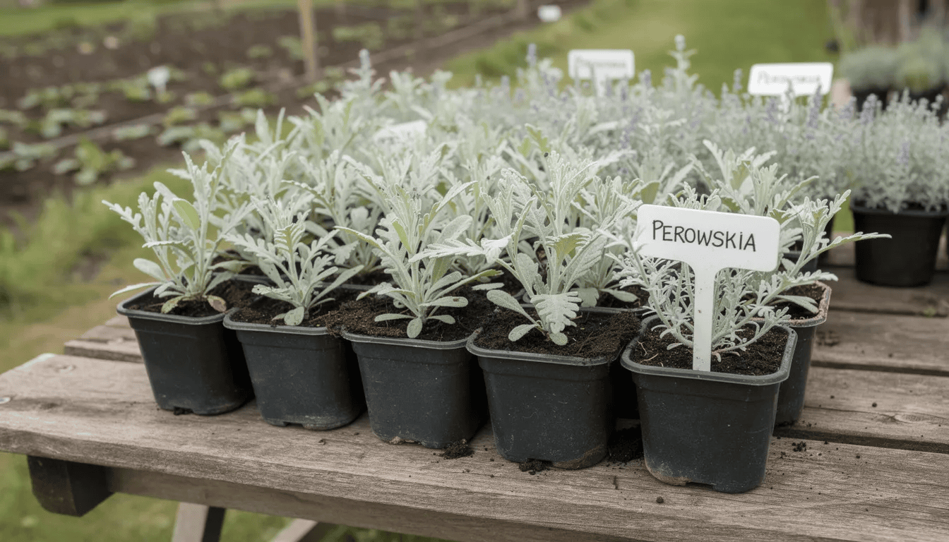 Na zdjęciu znajdują się młode sadzonki perowskii w doniczkach, gotowe do sadzenia. Sadzonki te charakteryzują się srebrzystymi liśćmi i mocno rozgałęzionymi pędami, idealne do uprawy w ogrodzie lub na rabatach bylinowych.