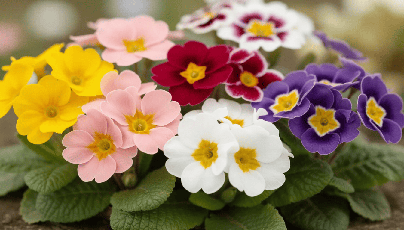Zbliżenie na różne odmiany pierwiosnków, takich jak pierwiosnek bezłodygowy i pierwiosnek lekarski, w intensywnych kolorach kwiatów, od fioletu po żółć, które kwitną wczesną wiosną. Obok nich widoczne są liście o mocno karbowanej strukturze, tworząc piękną kompozycję roślin ozdobnych.