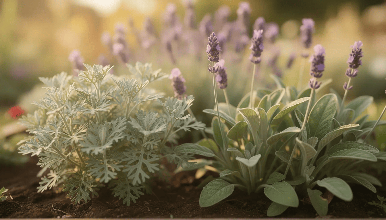 Na słonecznej rabacie rośnie bylica pospolita obok lawendy i szałwii, tworząc kolorowy i aromatyczny krajobraz. Roślina ta, znana z właściwości leczniczych, ma pierzaste liście i intensywny zapach, idealnie komponując się z innymi ziołami w ogrodzie.