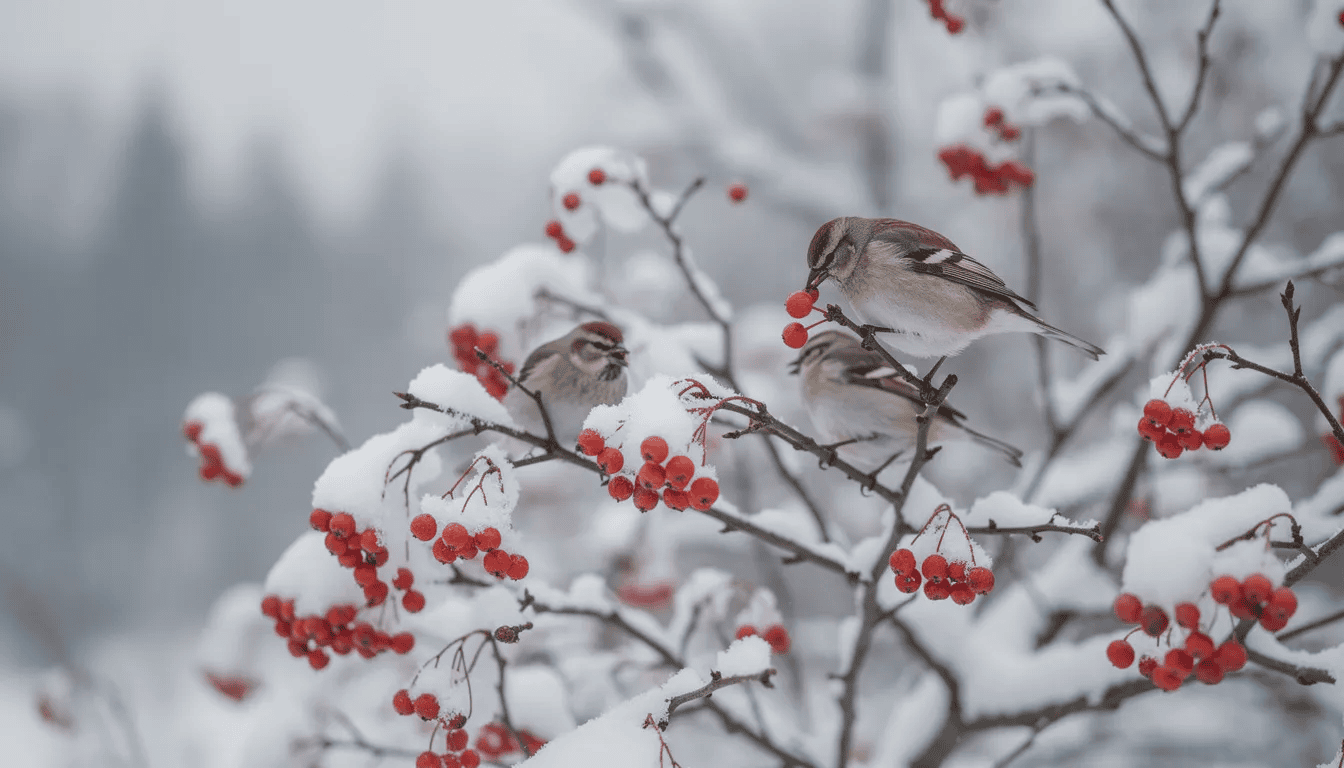 Na gałęziach krzewu kaliny koralowej, pokrytych czerwonymi owocami, ptaki z zapałem jedzą owoce, tworząc malowniczy obraz zimowego krajobrazu. W tle widać cienkie pędy i skórzaste liście, które kontrastują z intensywną barwą owoców.