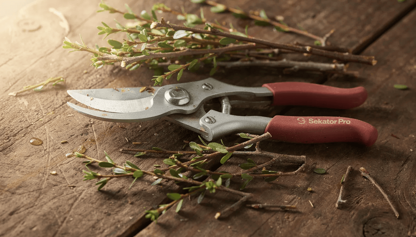 Na drewnianym stole leżą sekator oraz przycięte gałęzie krzewu, prawdopodobnie hibiskusa, które wymagają pielęgnacji. W tle widoczne są młode sadzonki oraz liście, co sugeruje, że jest to czas na regularne przycinanie roślin w ogrodzie.