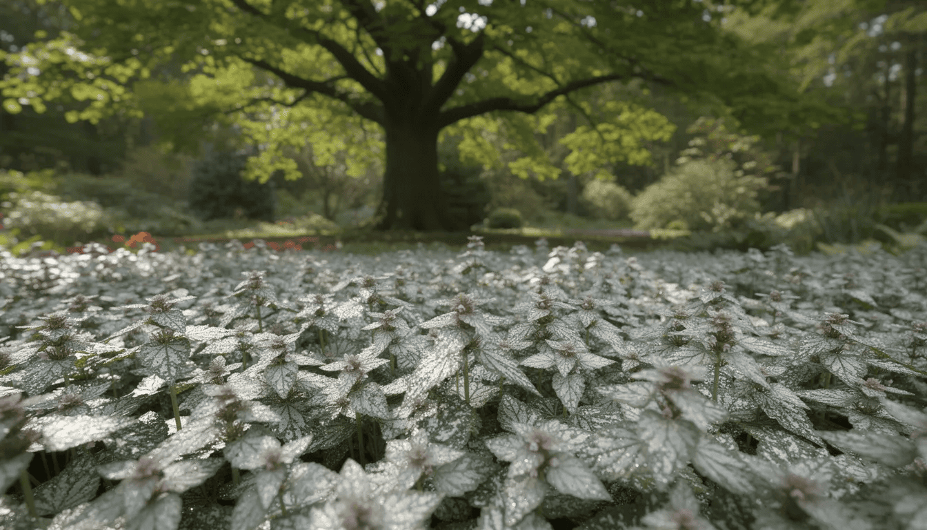 Na zdjęciu widać gęsty dywan jasnoty plamistej o srebrnych liściach, rosnący pod koroną liściastego drzewa. Roślina ta, znana z właściwości leczniczych, tworzy atrakcyjną okrywę, ograniczając wzrost chwastów.
