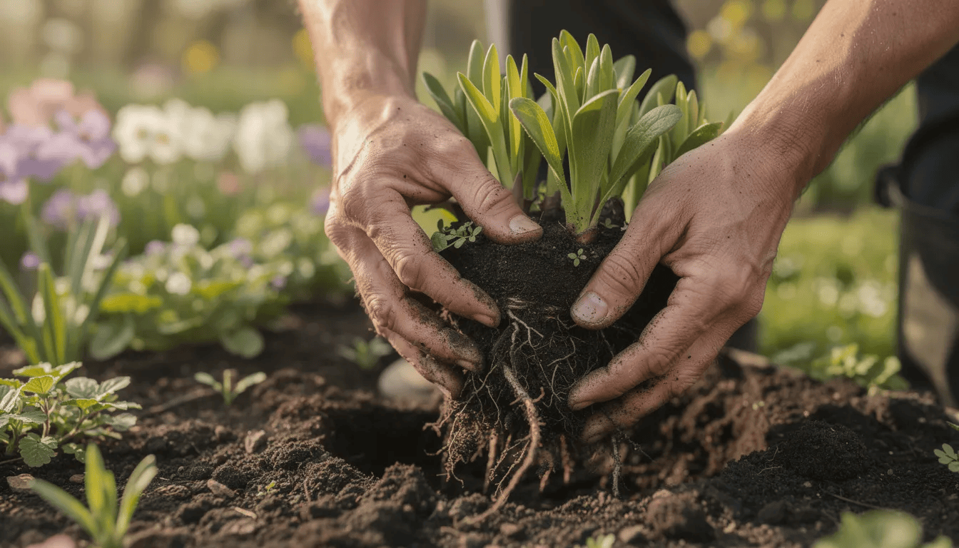 Na zdjęciu widać ręce ogrodnika, które dzielą gęstą kępę bylin w wiosennym ogrodzie, wśród pięknych żółtych kwiatów nachyłków. W tle znajdują się różne odmiany roślin, które tworzą kolorową kompozycję w słonecznym stanowisku.
