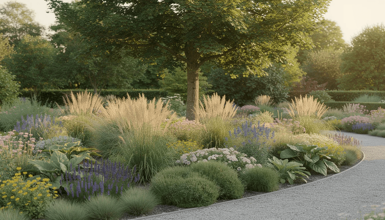 Na obrazku widoczna jest kompozycja ogrodowa z drzewem bukowym (fagus sylvatica), otoczonym ozdobnymi trawami i bylinami. W tle widać liście buka, które jesienią przebarwiają się na ciemnoczerwony i żółty kolor, tworząc piękny kontrast z zielenią innych roślin.