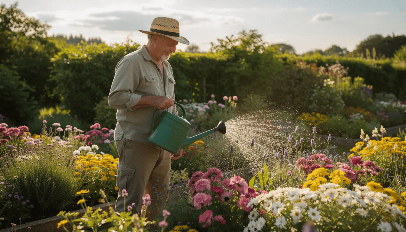 Na obrazie widzimy ogrodnika podlewającego byliny w słoneczny letni dzień. Wśród roślin kwitnących, takich jak dzielżan ogrodowy, można dostrzec różnorodne odmiany, które w pełni rozwijają swoje barwne kwiaty, przyciągając pszczoły.