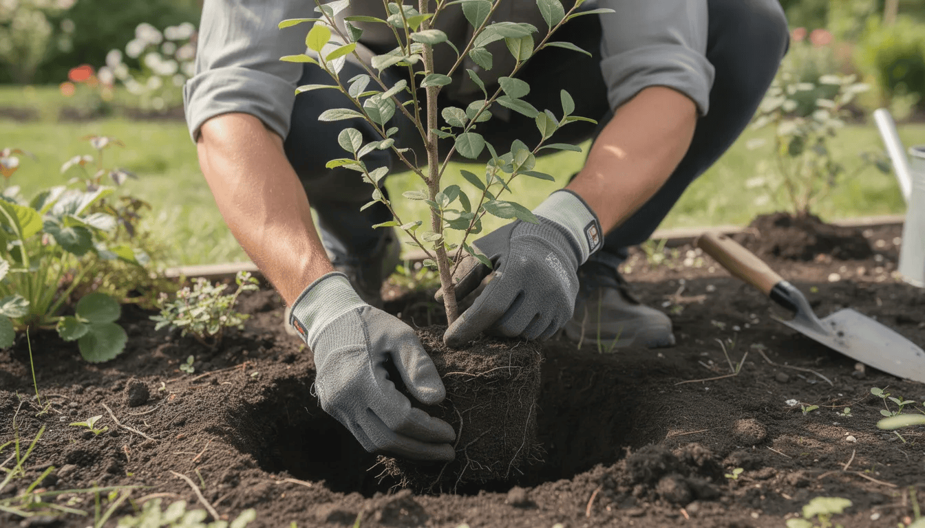 Ogrodnik w rękawicach sadzi młody krzew berberysu w przygotowanym dołku w żyznej glebie ogrodowej. W tle widać inne krzewy ozdobne, a atmosfera pracy w ogrodzie jest pełna entuzjazmu i zaangażowania.
