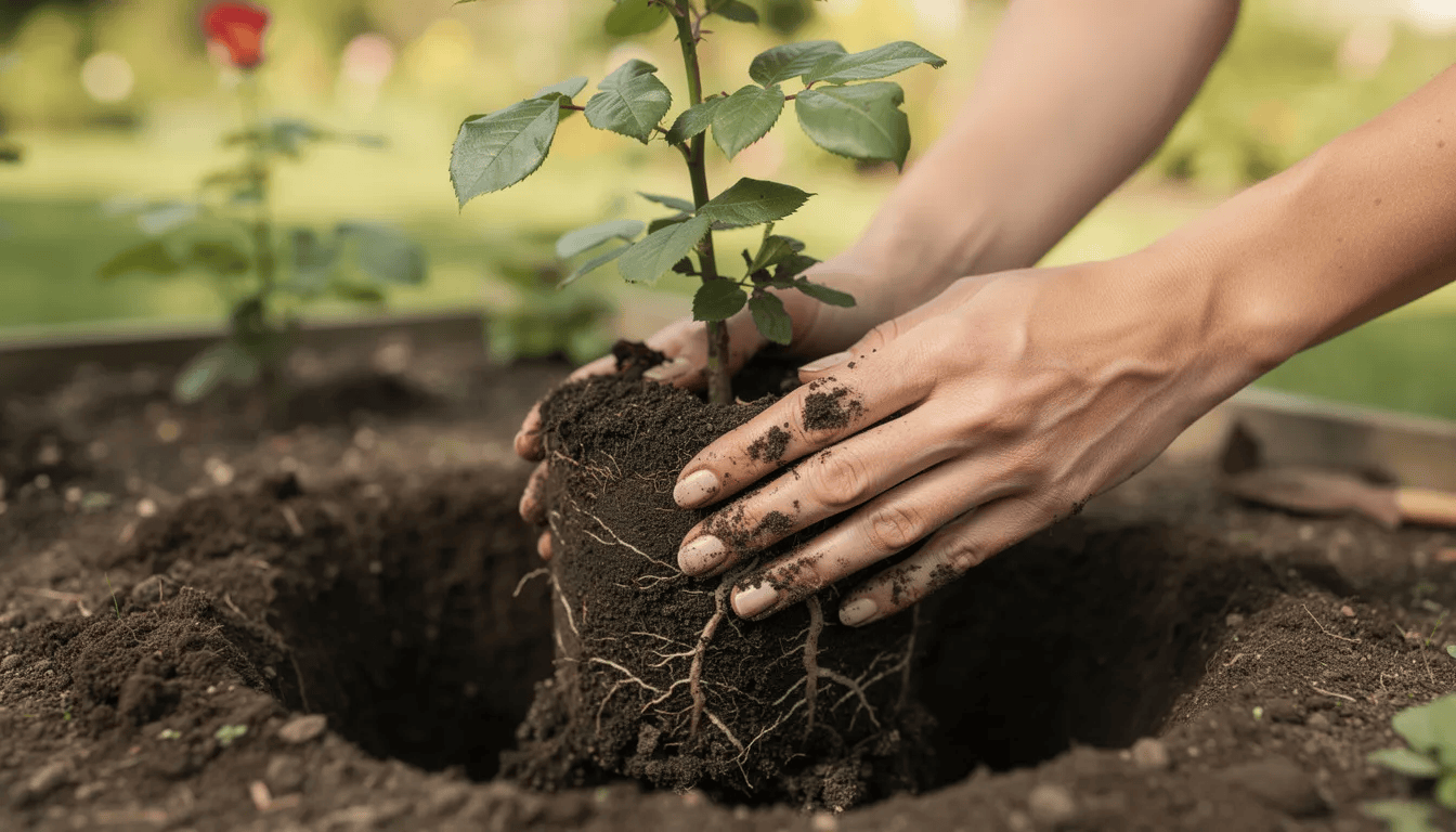 Na zdjęciu widoczne są ręce sadzące krzew róży w przygotowanym dołku ogrodowym, otoczonym żyzną glebą. Róża, będąca pięknym kwiatem, idealnie nadaje się do uprawy w ogrodzie, gdzie może obficie kwitnąć przez cały sezon.