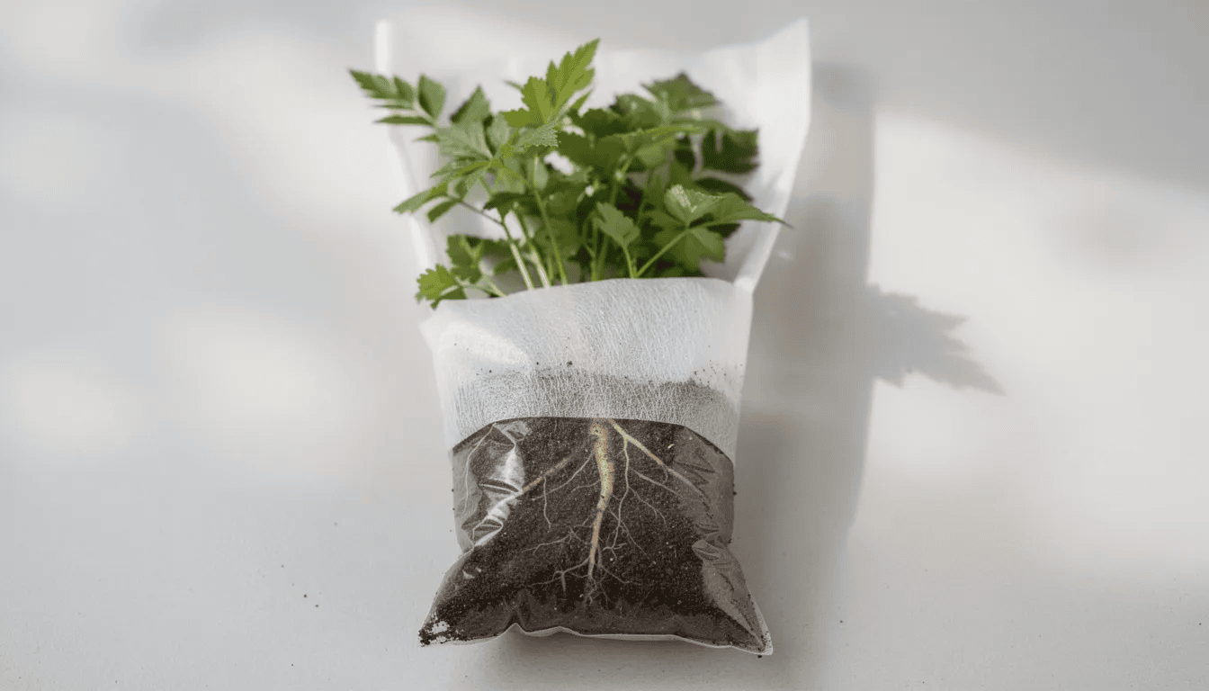 Na zdjęciu znajduje się starannie zapakowana sadzonka tawułki, z widocznym systemem korzeniowym, gotowa do wysyłki. Roślina ta, znana z efektownych kęp i pierzastych liści, jest idealna do uprawy w cienistych zakątkach ogrodu.