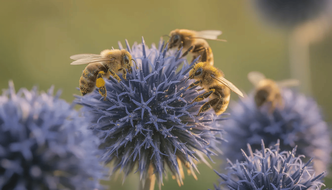 Na obrazku widać pszczoły i trzmiele zbierające nektar z kulistych kwiatostanów przegorzanu, które mają intensywny niebieski kolor. Rośliny te, należące do rodziny astrowatych, kwitną późnym latem, przyciągając owady swoimi mocniej wybarwionymi kwiatami.