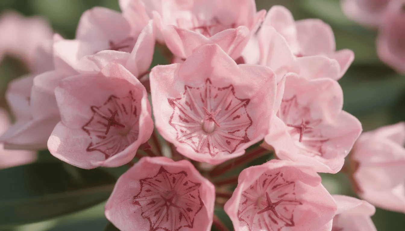 Na zdjęciu znajduje się zbliżenie na miseczkowate kwiaty kalmii szerokolistnej, które prezentują różne odcienie różu oraz atrakcyjne wzory wewnątrz korony. Kwiaty te rosną w towarzystwie roślin iglastych, tworząc piękny widok w ogrodzie.