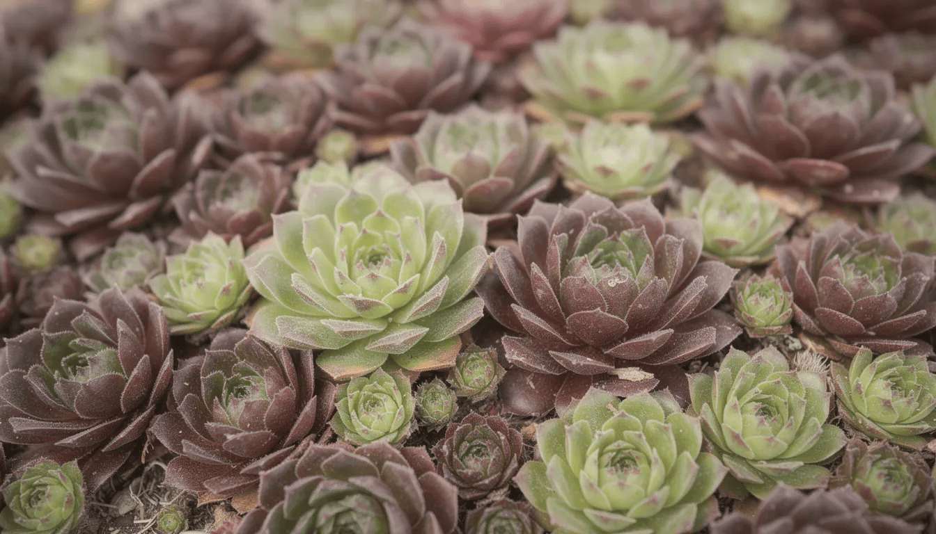 Na zdjęciu widoczne są kolorowe rozety rojników w różnych odcieniach zieleni, bordów i fioletów, ułożone obok siebie. Rośliny te, jak sempervivum, charakteryzują się mięsistymi liśćmi i są idealne do ogrodów skalnych oraz na stanowiska słoneczne.