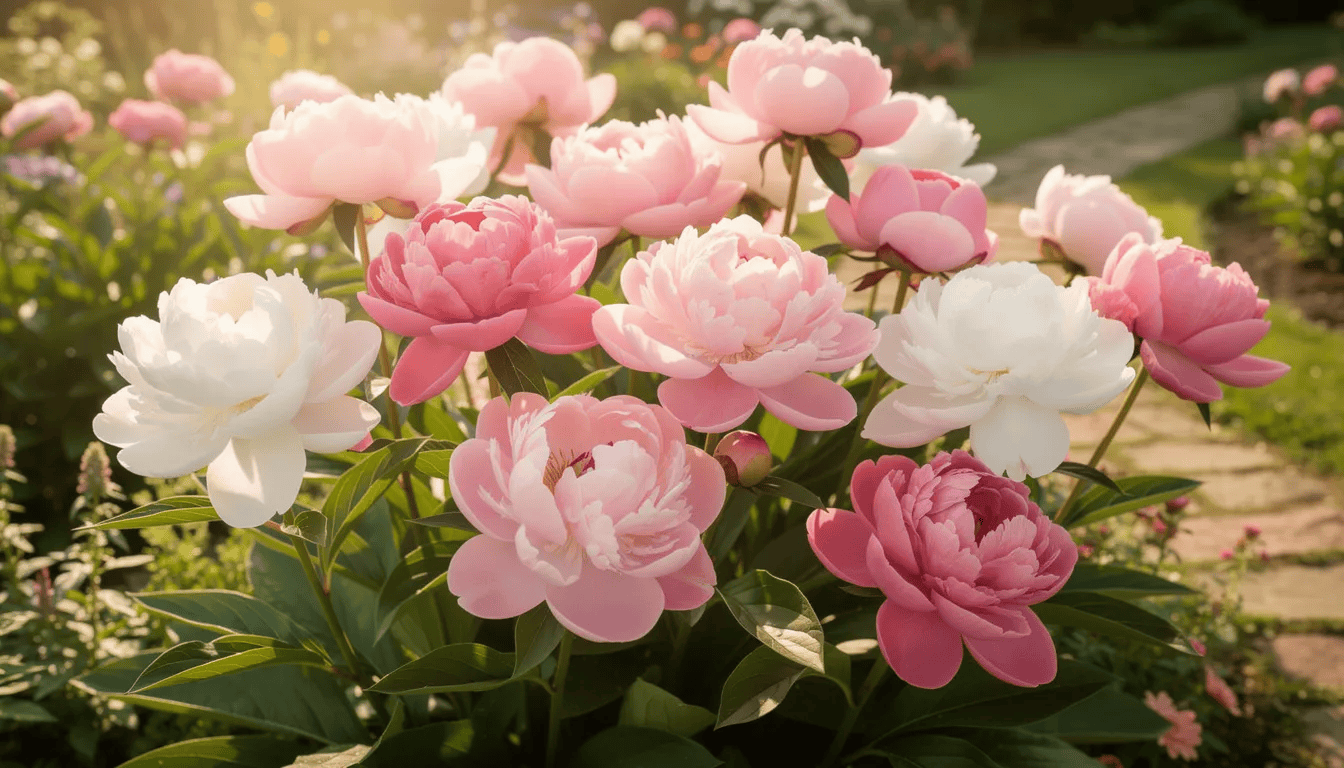 Na obrazie widoczne są kwitnące piwonie w różnych odcieniach różu i bieli, rosnące w nasłonecznionym ogrodzie. Te efektowne kwiaty, znane z obfitego kwitnienia, tworzą piękne kompozycje wśród zieleni roślin ozdobnych.