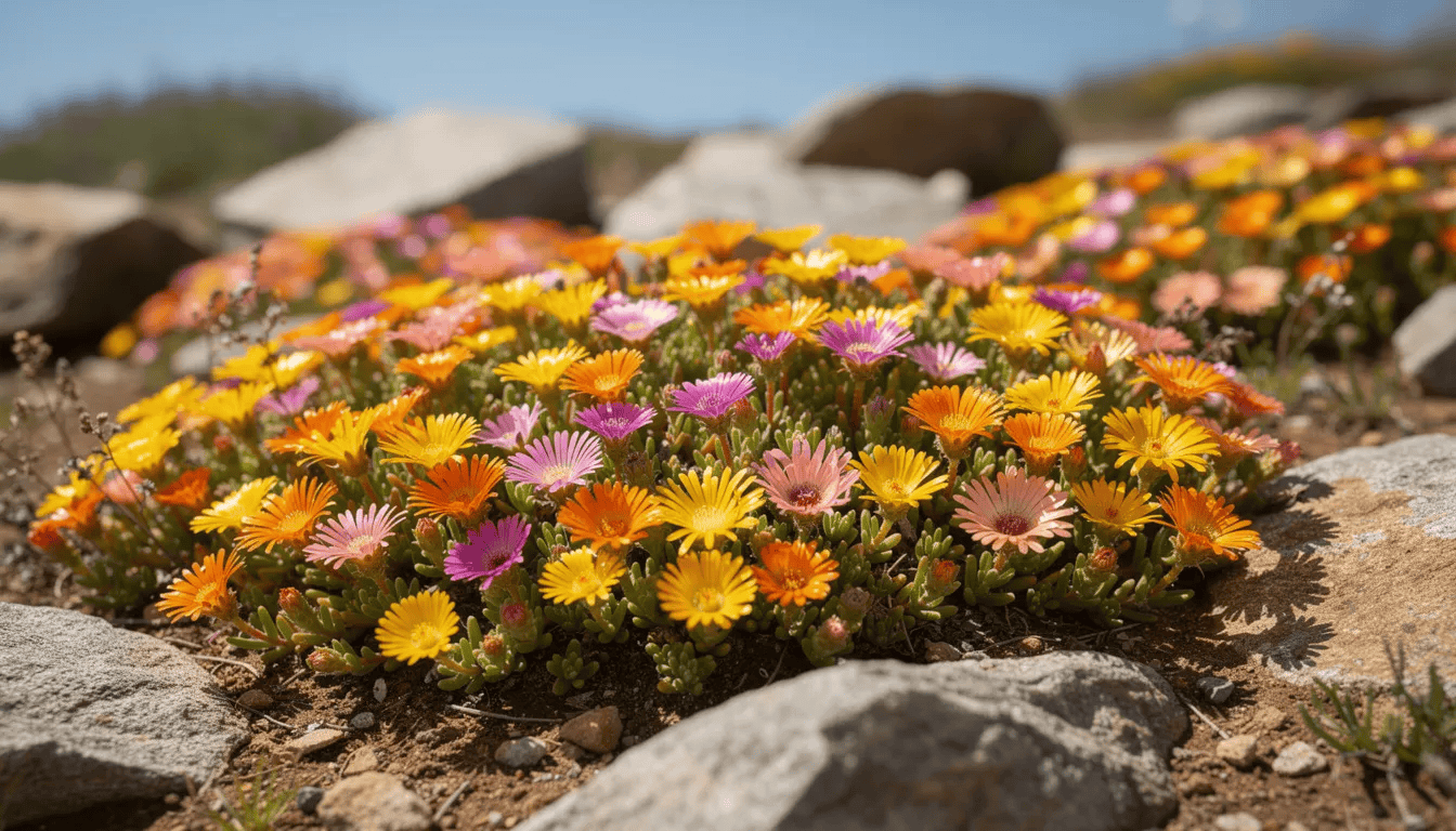 Na zdjęciu widoczny jest kolorowy kobierzec słonecznicy Delosperma, który rozciąga się między kamieniami na skalniaku, w pełnym słońcu. Roślina ta charakteryzuje się mięsistymi liśćmi i pięknymi kwiatami, które doskonale kontrastują z otoczeniem, tworząc malowniczy widok w ogrodzie skalnym.