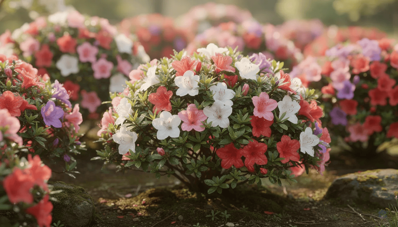 Na zdjęciu widać kwitnące azalie japońskie w ogrodzie wiosną, z różnokolorowymi, efektownymi kwiatami w odcieniach różu, fioletu i bieli. Krzewy te, będące częścią rodziny wrzosowatych, prezentują się pięknie w pełnym rozkwicie, tworząc malowniczy widok wśród młodych liści i pąków kwiatowych.