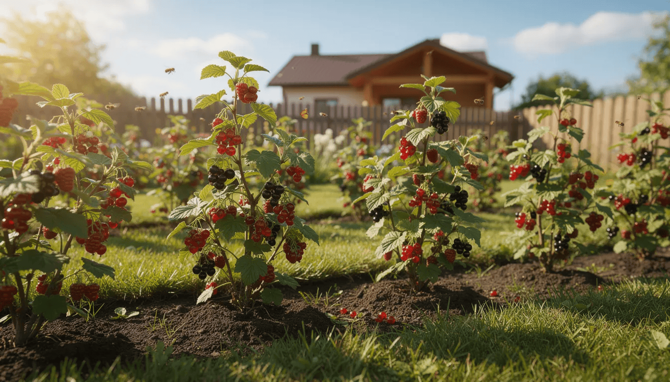 Na obrazie widoczny jest przydomowy ogród, w którym rzędy krzewów owocowych uginają się pod ciężarem dojrzałych, czerwonych owoców. W letnim słońcu rośliny te obfitują w smaczne i zdrowe owoce, które zachęcają do zbiorów.